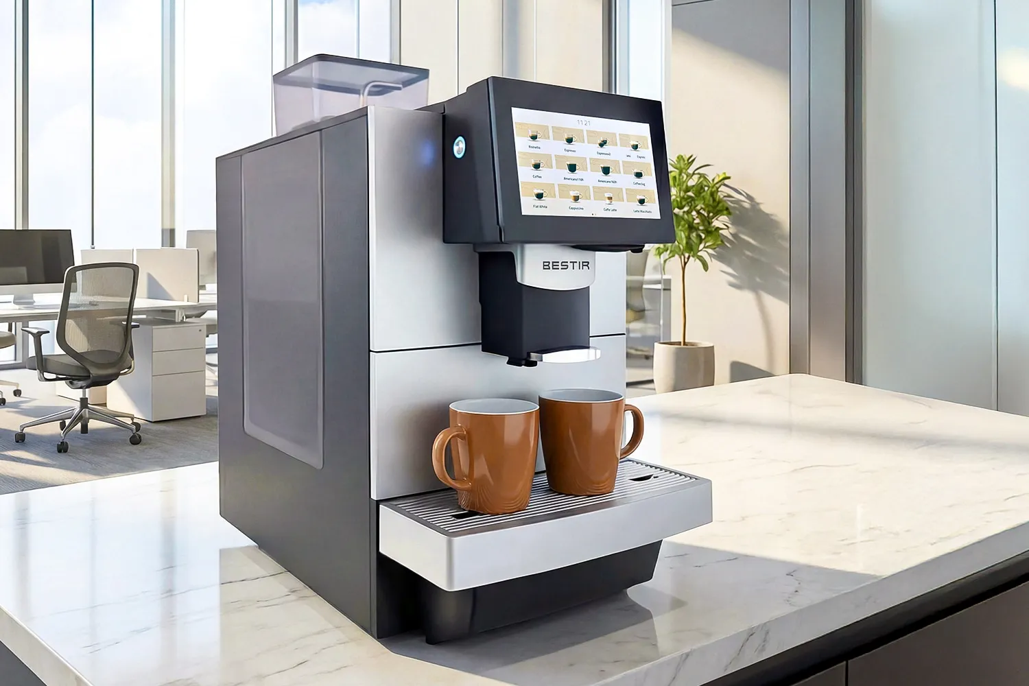 A BESTIR brand commercial espresso machine with a touchscreen interface dispensing coffee into two brown mugs in a modern office breakroom.